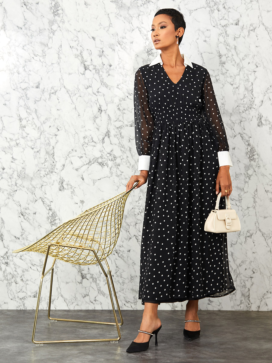 Long Sleeves Polka Dot Print V Neck A 