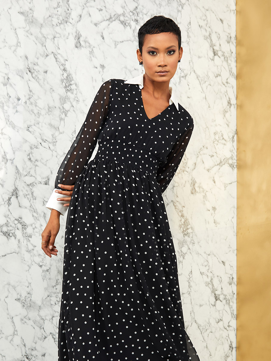 Long Sleeves Polka Dot Print V Neck A 