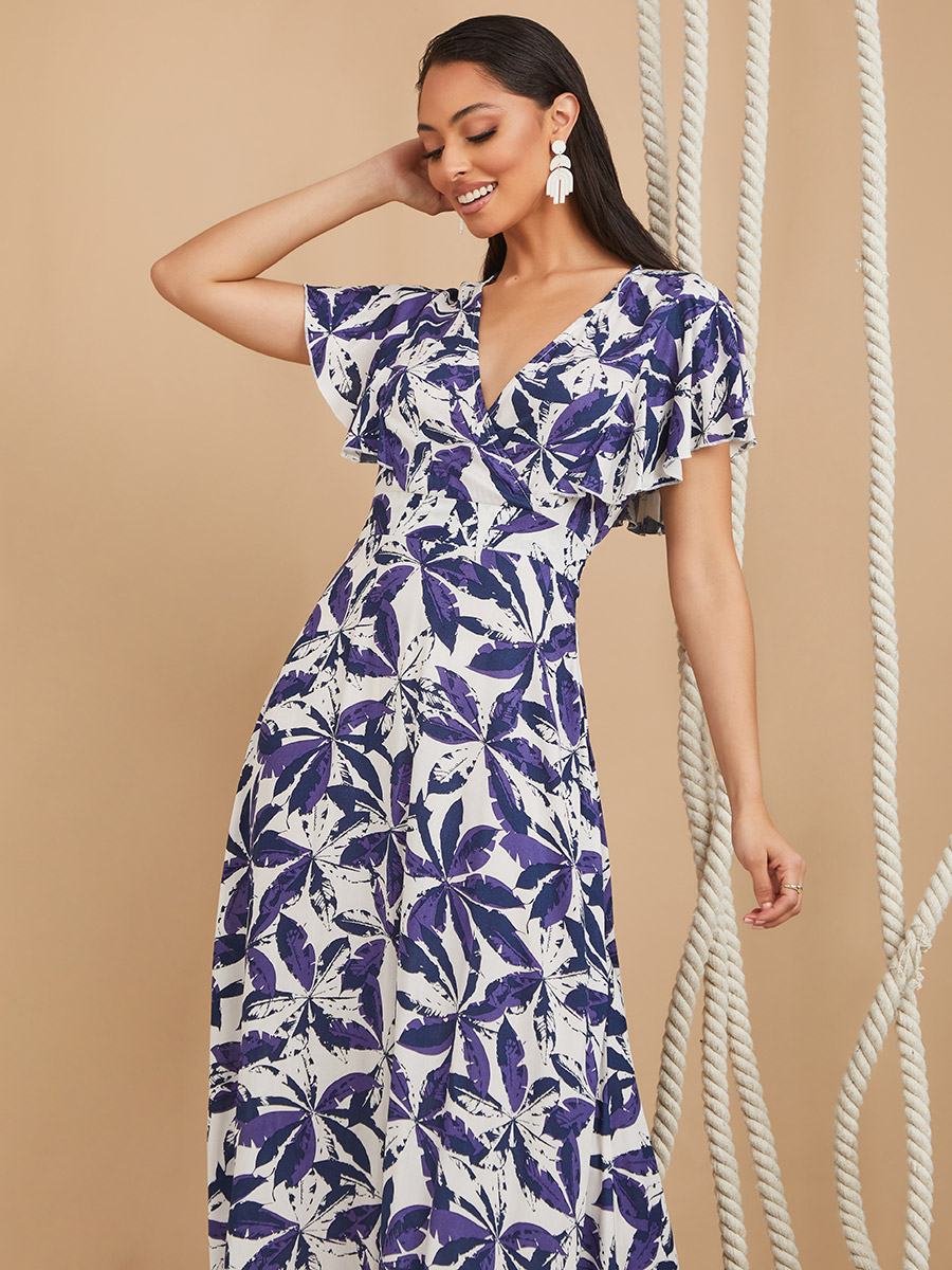 Frill Short Sleeves Leaf Print A-Line 