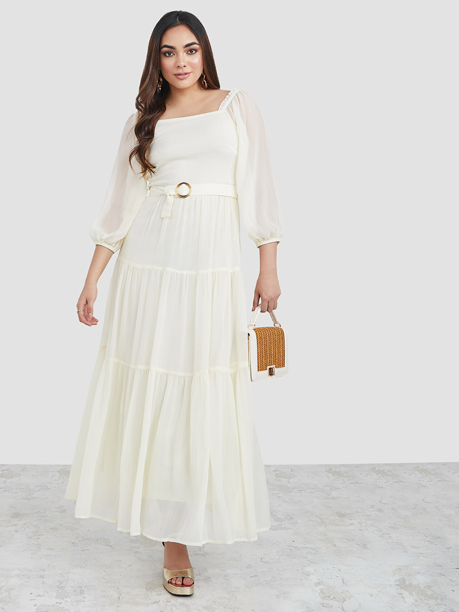 Sheer 3/4 Sleeves Chiffon A-Line Maxi Dress