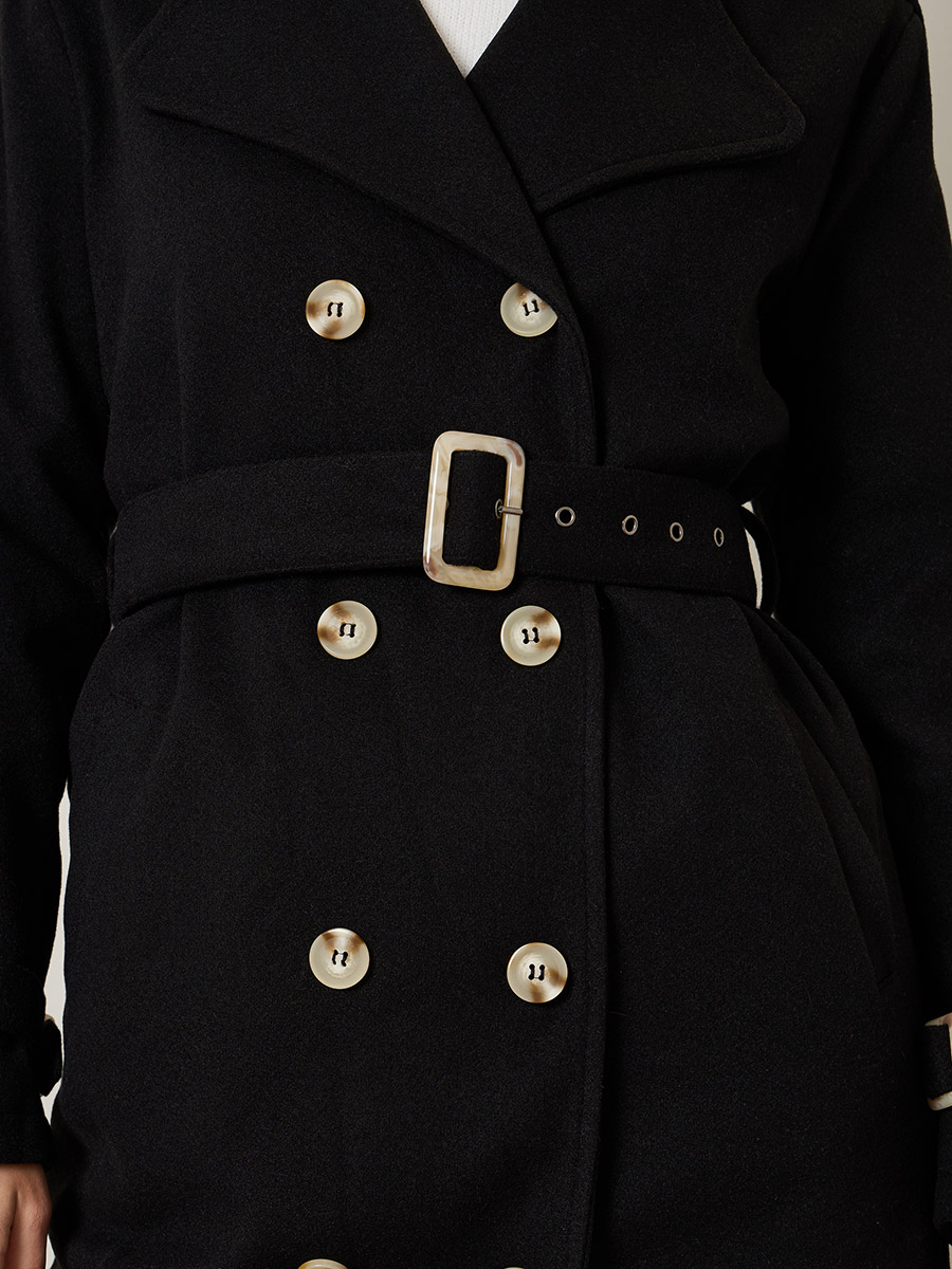 Double Breasted Belted Wool Look Coat