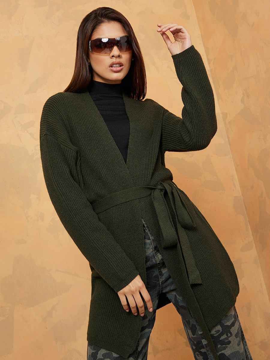 Long Sleeves Knitted Cardigan with Self Tie Belt For Women at