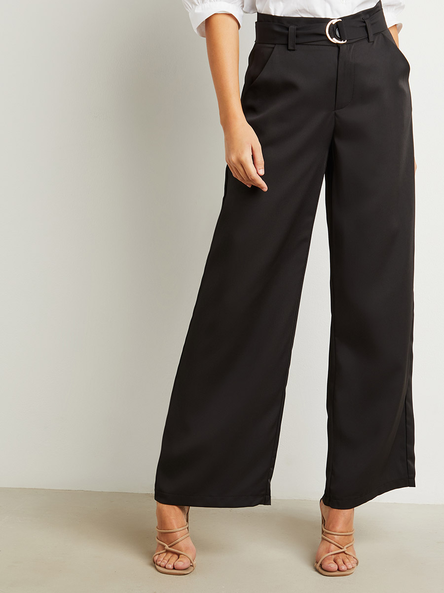 Solid Wide Leg Palazzo Pants With Side Slit Detail Styli