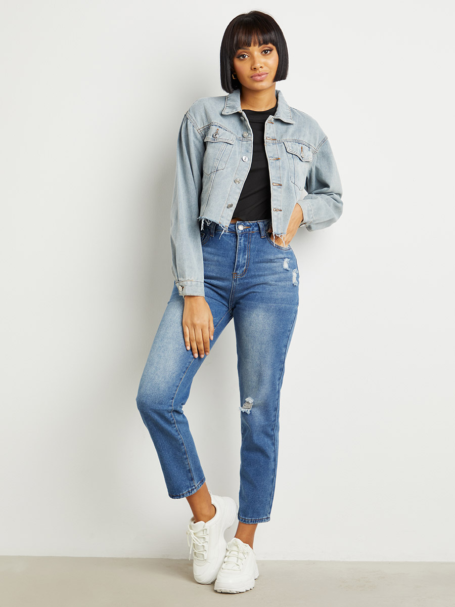 Frayed Edge Cropped Denim Jacket