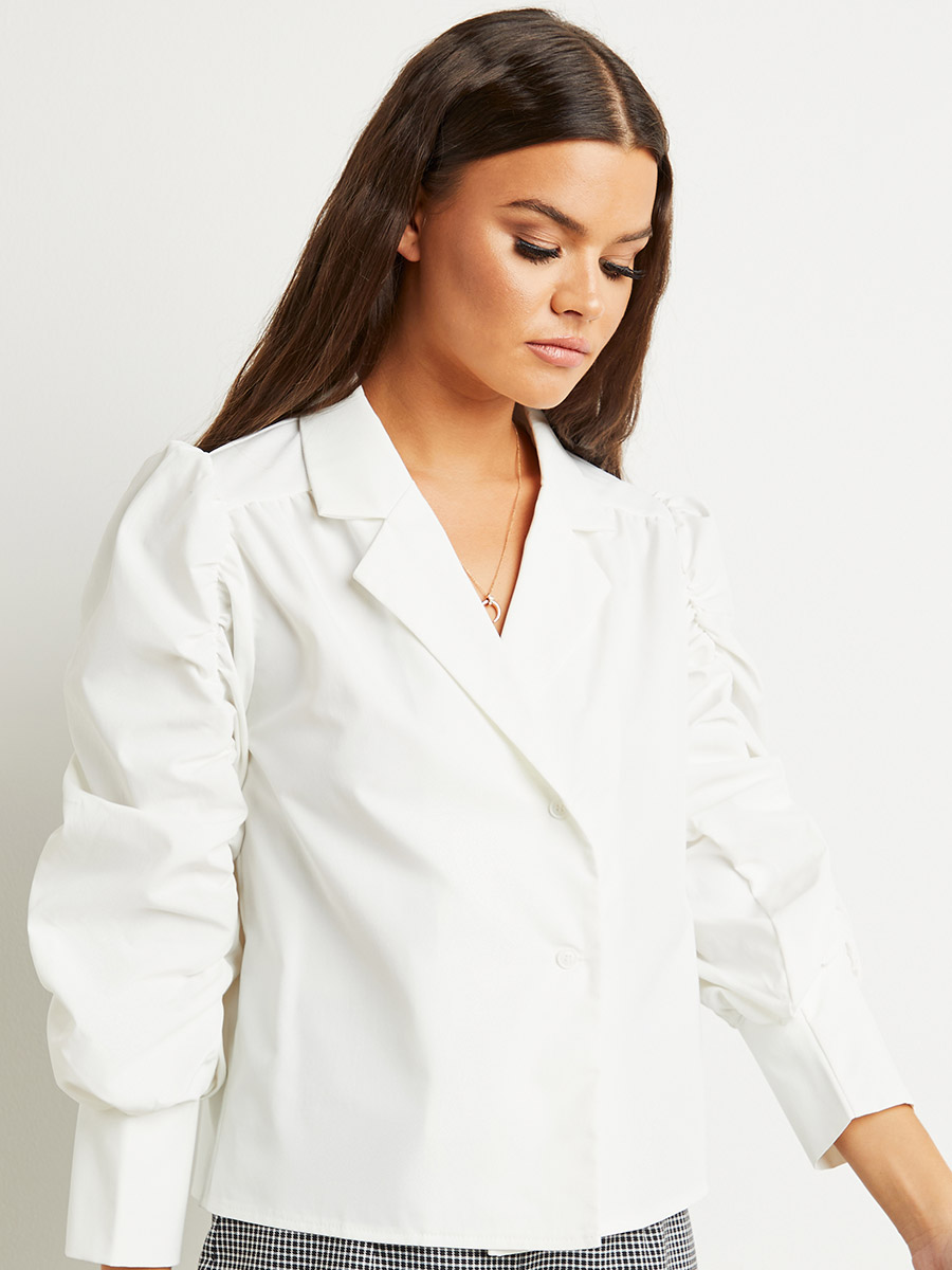 Buy Gathered Puff Sleeves Reverse Collar Shirt White For Women | Styli Saudi