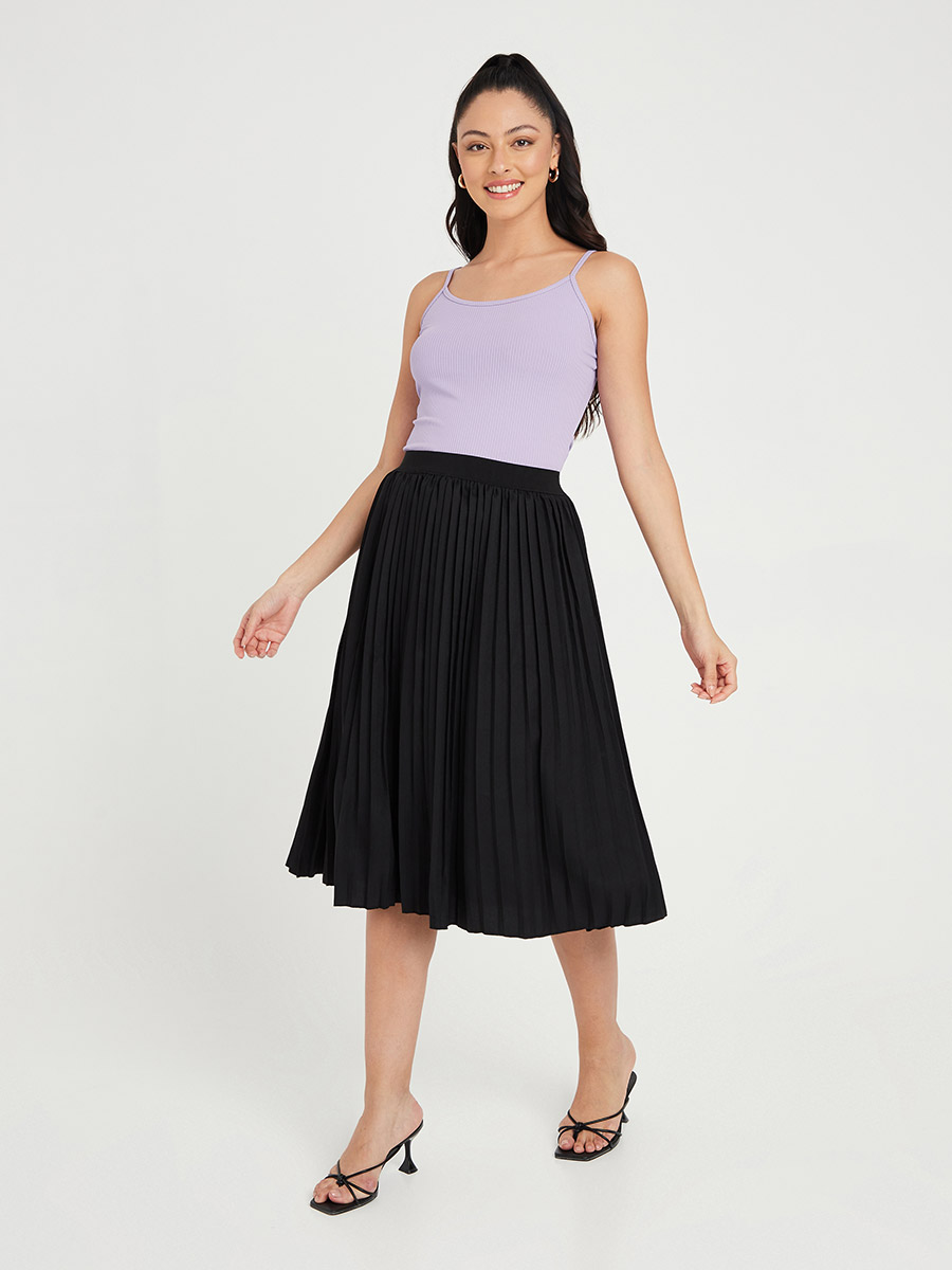 Pleated A-Line Midi-Length Pleather Skirt - Gracia Fashion