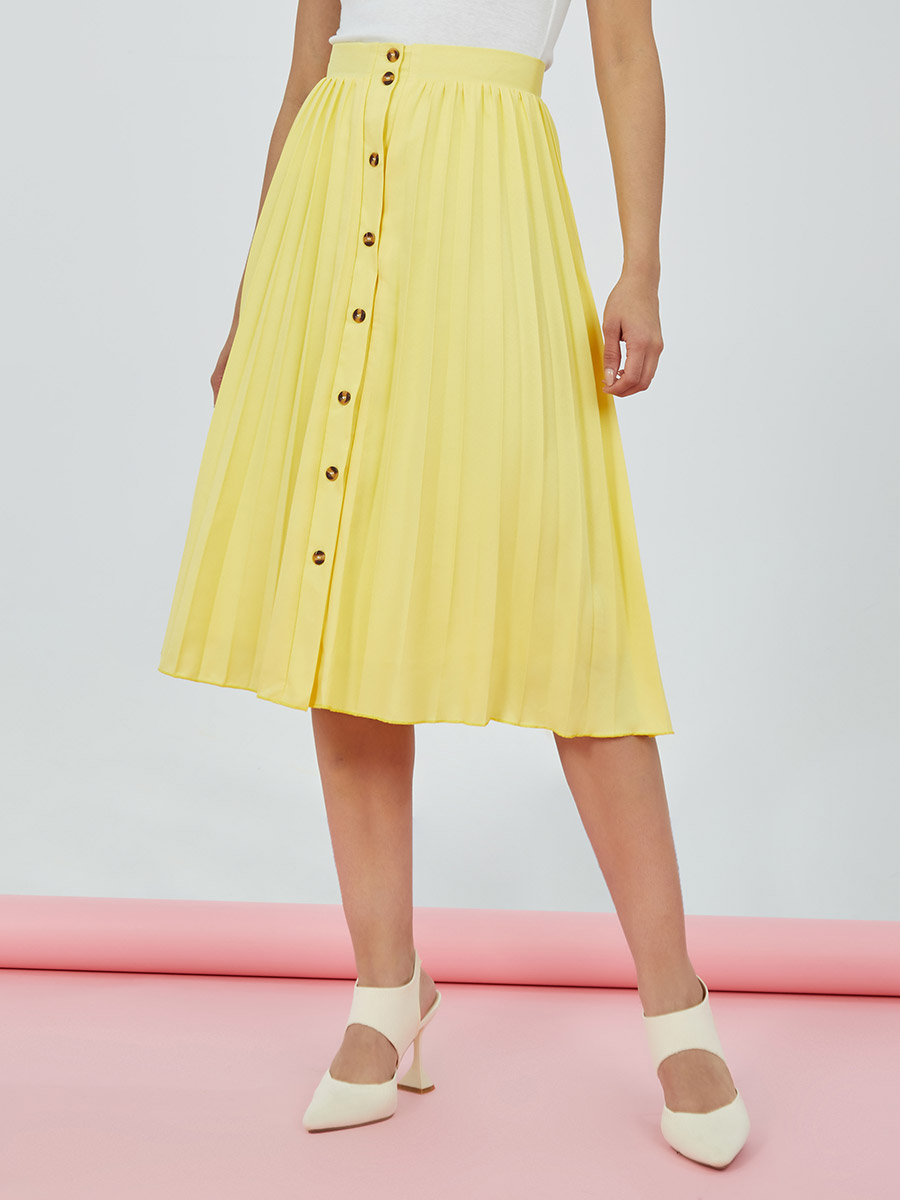 Pleated A-Line Midi Skirt with Button Detail For Women at Saudi - Main Image