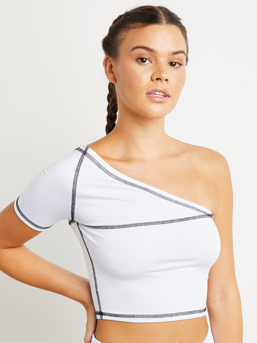 One Shoulder Contrast Stitch Crop Top and Leggings Active Set