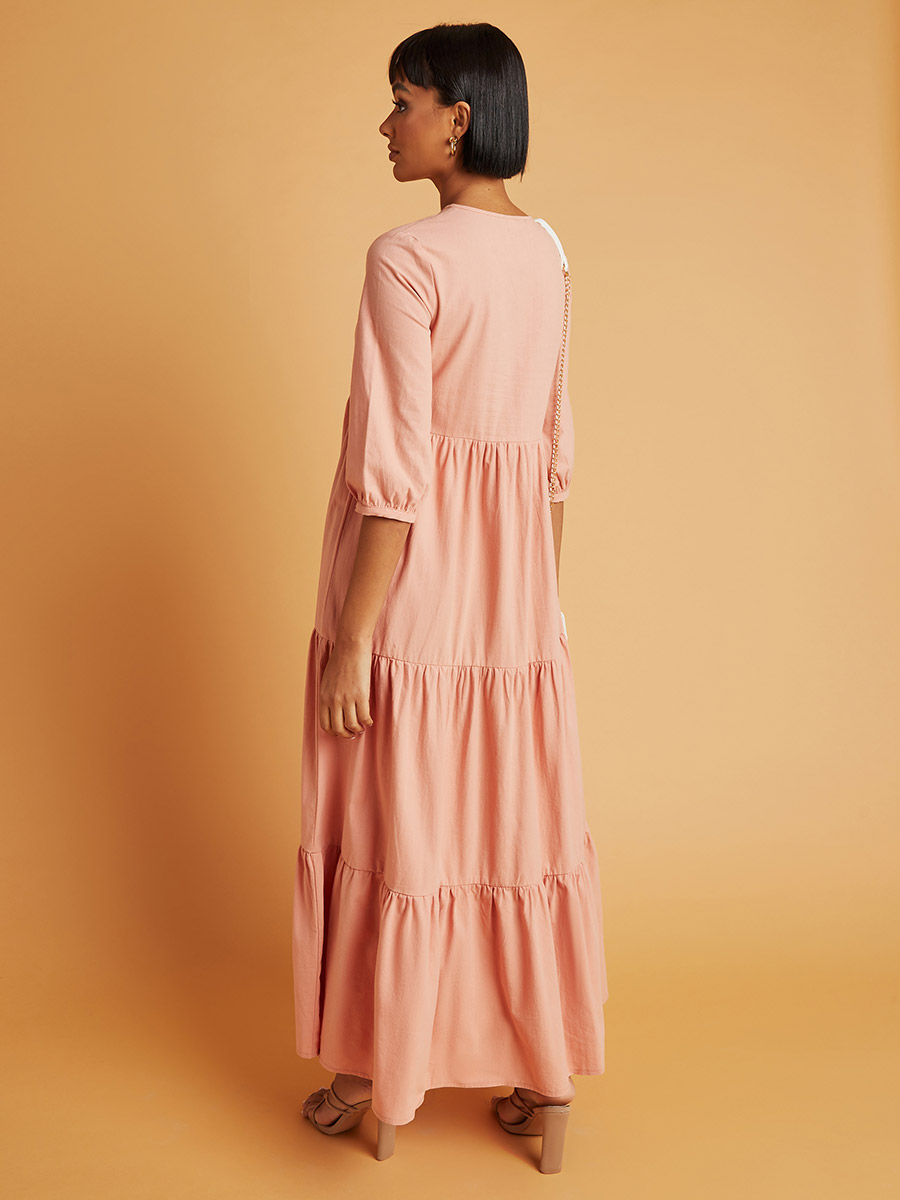 Buy Cotton 3/4 Sleeves Tiered A-Line Maxi Dress Peach For Women