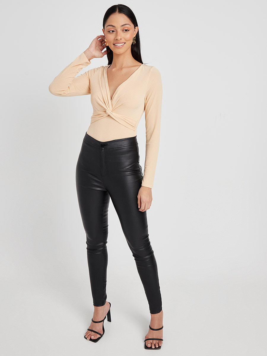 Styli Black Long Sleeves V Neck Knot Detail Ribbed Fitted Bodysuit