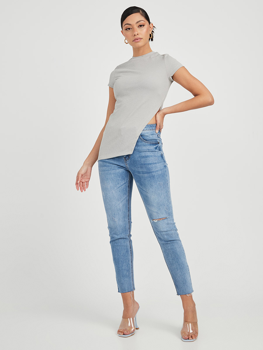 Buy Ribbed Asymmetric Side Cut Out Hem T-shirt Grey For