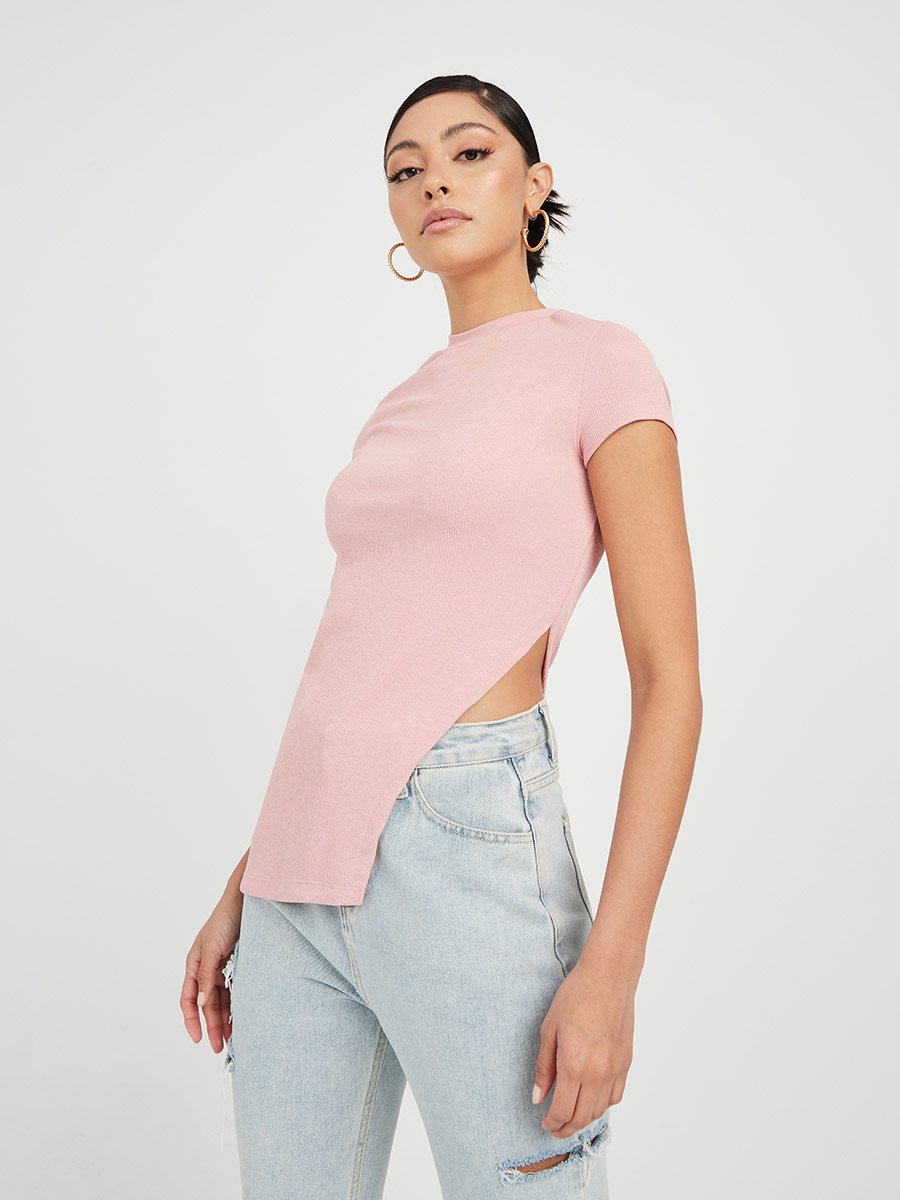 Buy Ribbed Asymmetric Side Cut Out Hem T-shirt Pink For Women