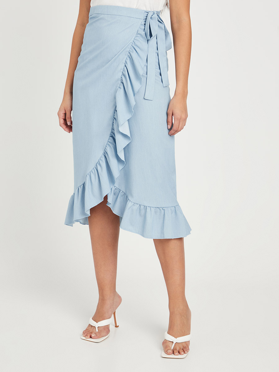 High Waist Ruffle Hem Wrap Midi Skirt For Women at UAE Styli