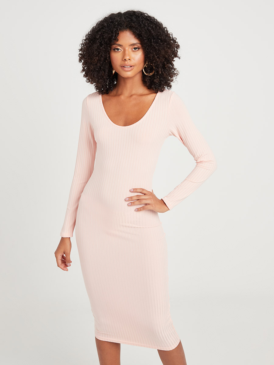 Long Sleeves Scoop Neck Ribbed Bodycon 