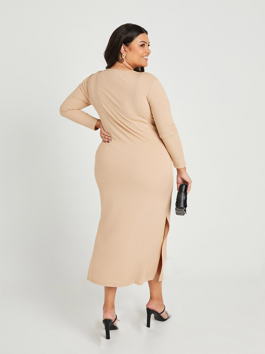 V Neck Ribbed Bodycon Dress with Side Slit
