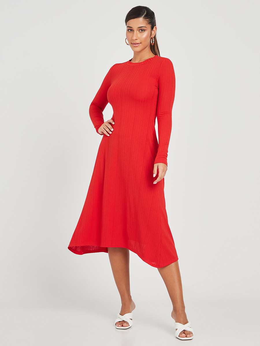 Long Sleeves Round Neck Knit A-Line Midi Dress For Women at UAE