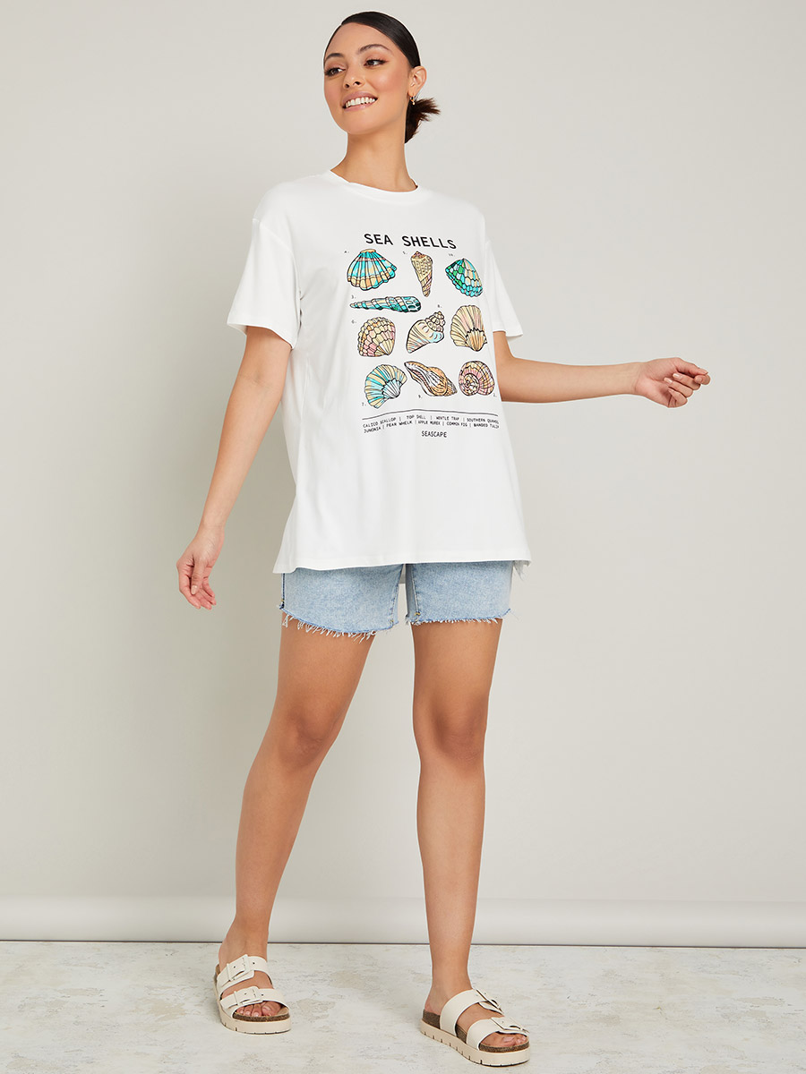 Buy Short Sleeves Sea Shell Print Oversized Longline T-shirt