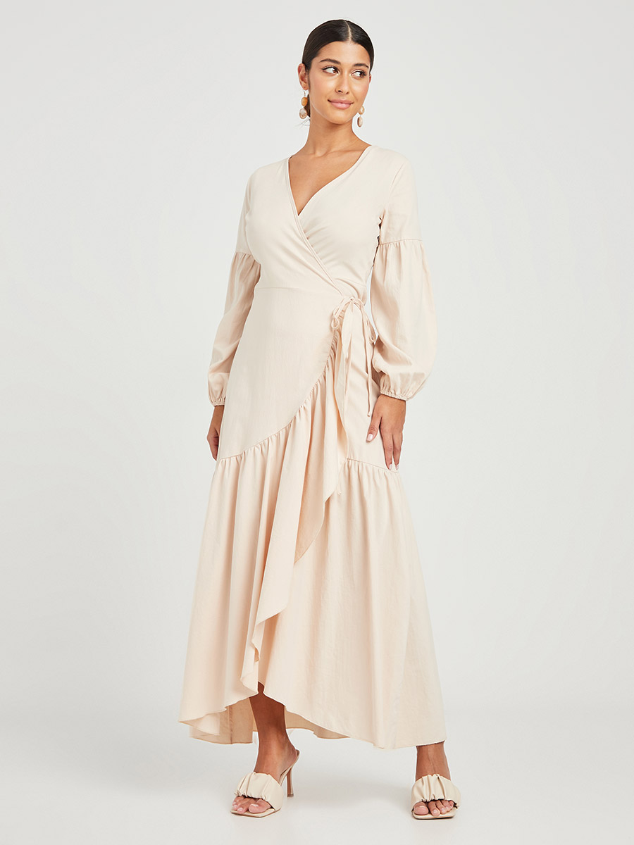 Bishop Sleeves Wrap Around Cotton Maxi Dress For Women at Bahrain