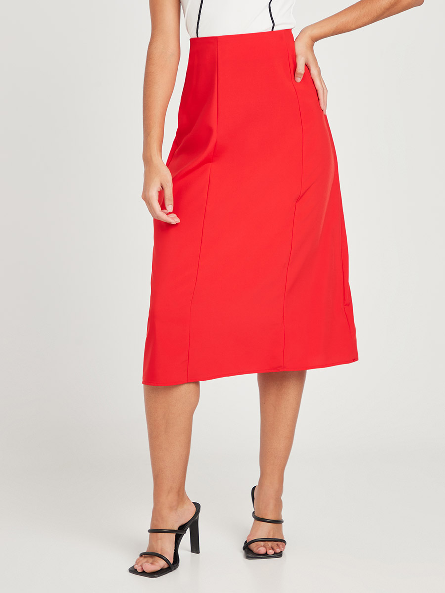 Solid A-Line Midi Skirt with Zip Closure For Women at Kuwait Styli