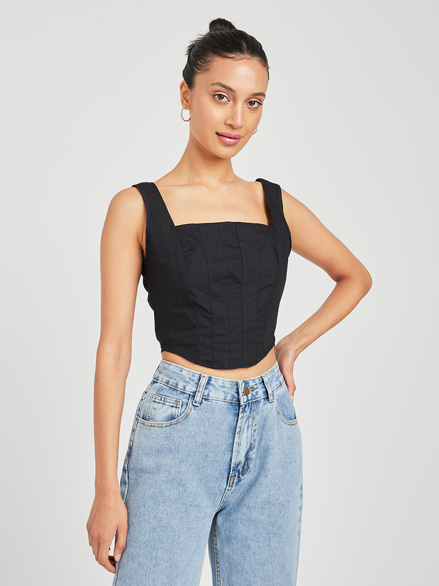 Buy Sleeveless Corset Style Cotton Crop Top with Boning Detail Black For  Women