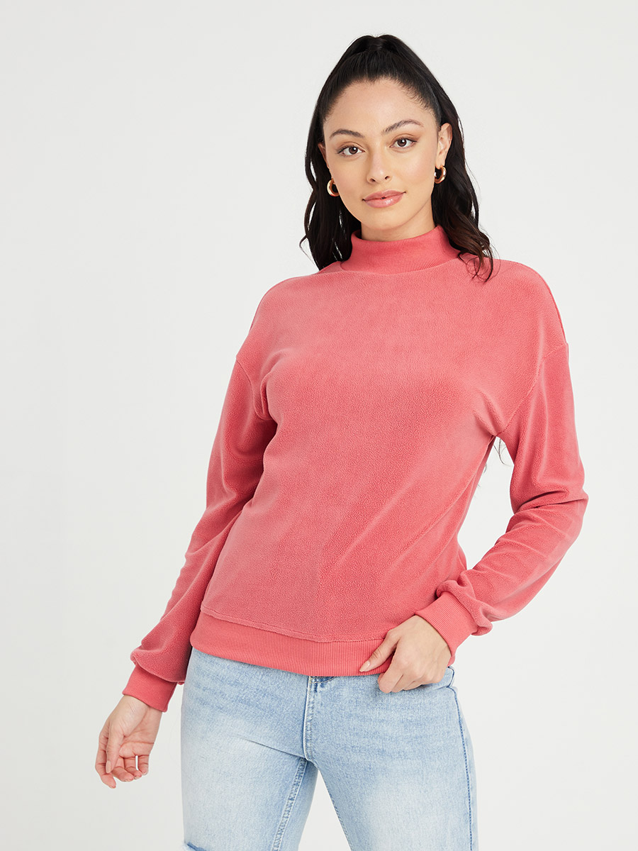 Cuffed Sleeves Faux Fur High Neck Regular Sweatshirt For Women at