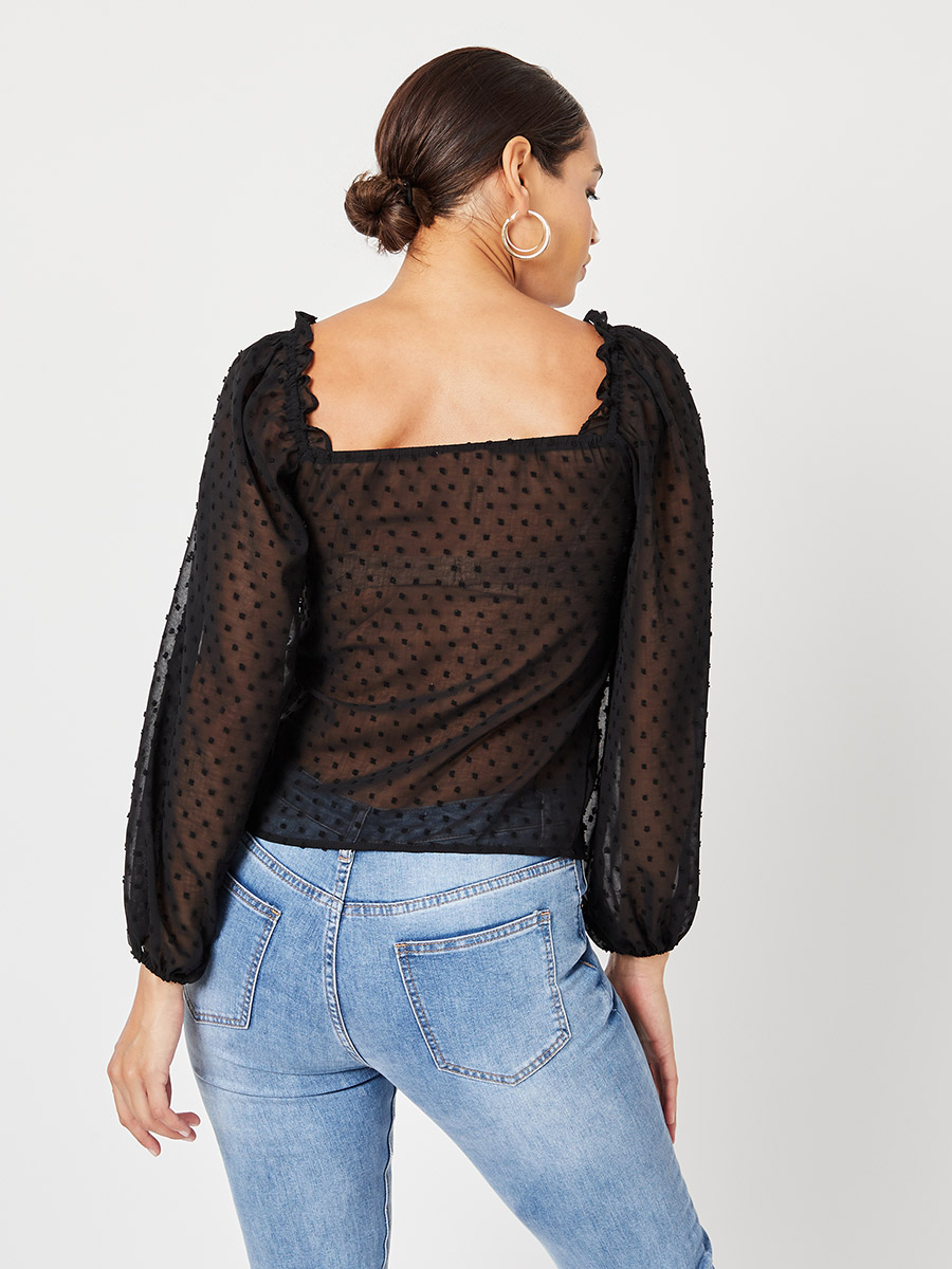 Buy Long Sleeves Dobby Chiffon Milkmaid Neckline Woven Top Black