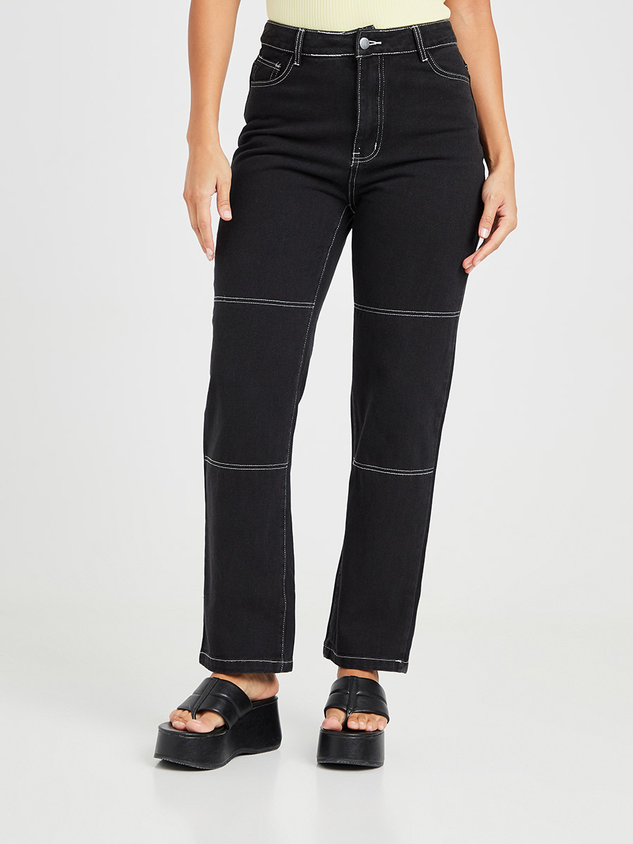 Buy High Waist Contrast Stitch Detail Straight Leg Jeans Black For