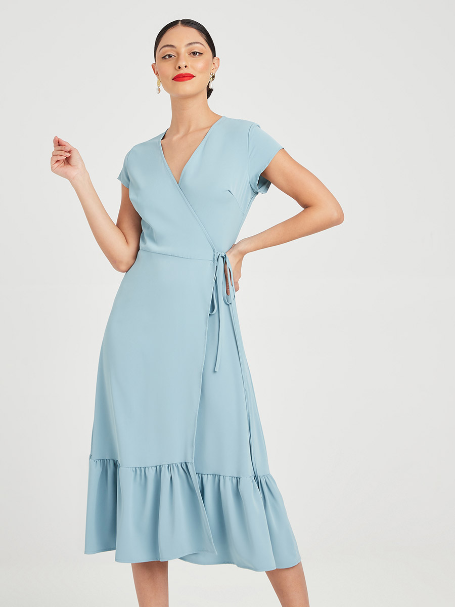 Buy Short Sleeves Wrap Around Woven A-Line Midi Dress Blue For