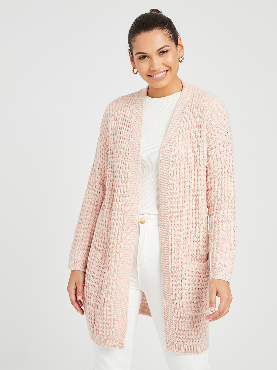 Longline Heavy Textured Open Front Knitted Cardigan with Pockets