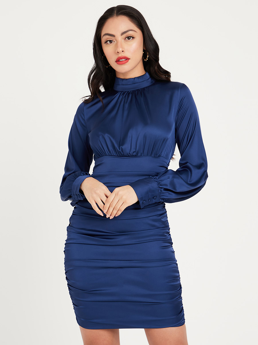 Long Sleeves High Neck Ruched Bodycon Mini Dress For Women at