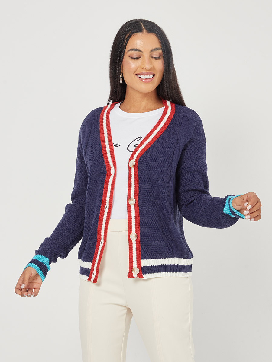 Long Sleeves Preppy Button Down Knit Cardigan with Contrast Trim