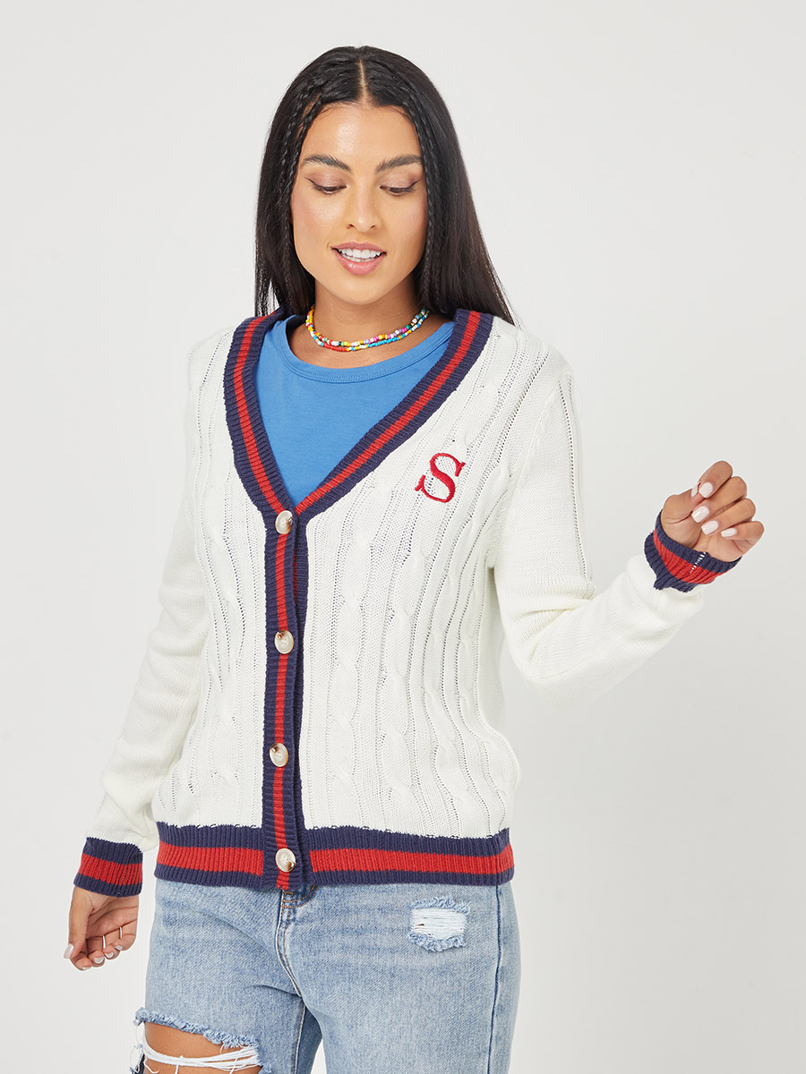 Long Sleeves Preppy Button Down Knit Cardigan with Contrast Trim Detail