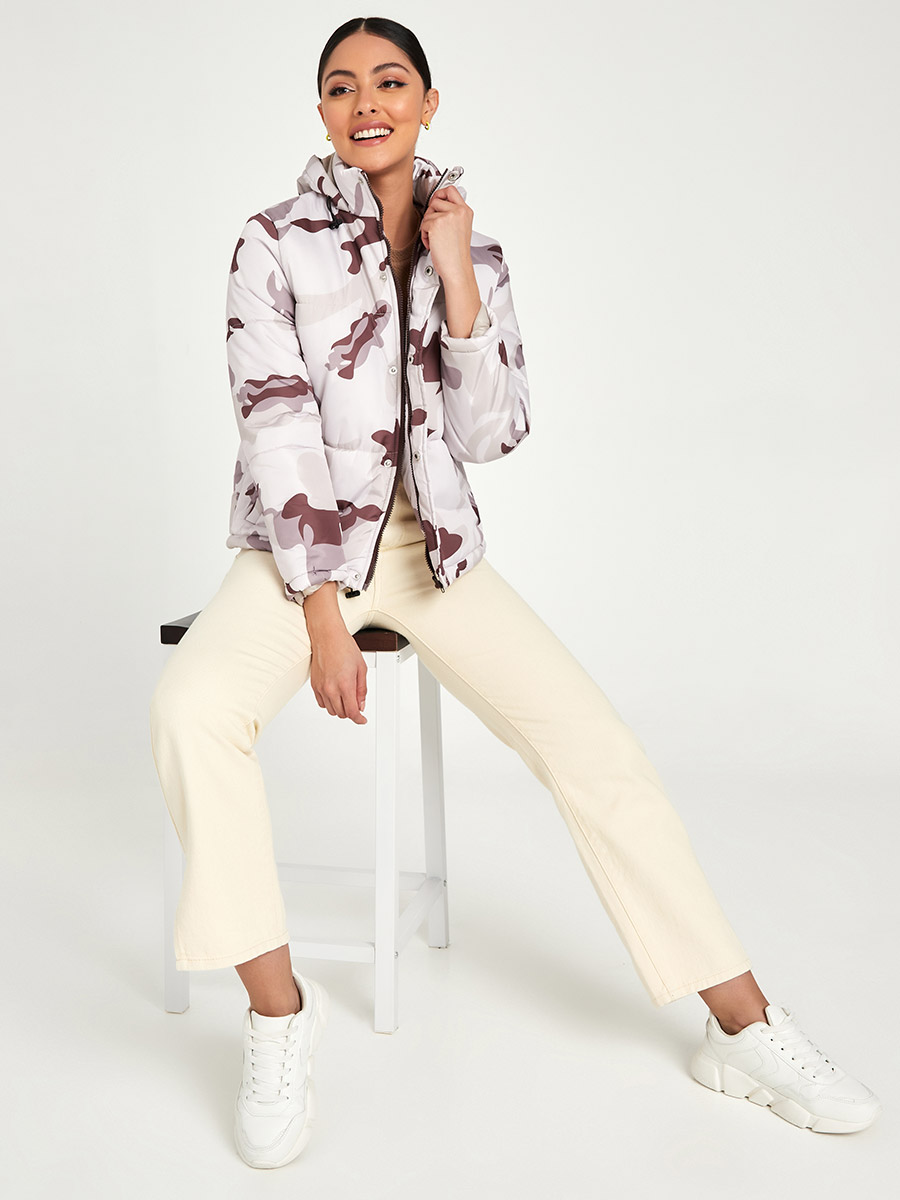 Camo Print Padded Short Length Jacket For Women at Kuwait Styli