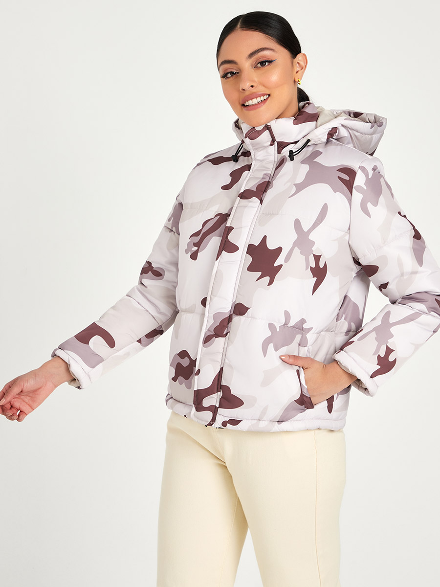 Camo Print Padded Short Length Jacket For Women at Kuwait Styli