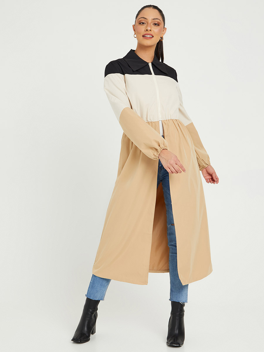 Colorblock Longline Coat with Front Zip 