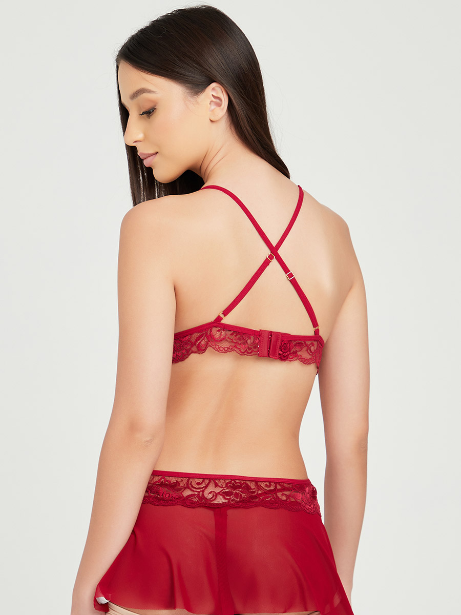 Buy Non Padded Non Wired All Lace Strappy Bralette and Mesh Thong Skirt Set  Red For Women