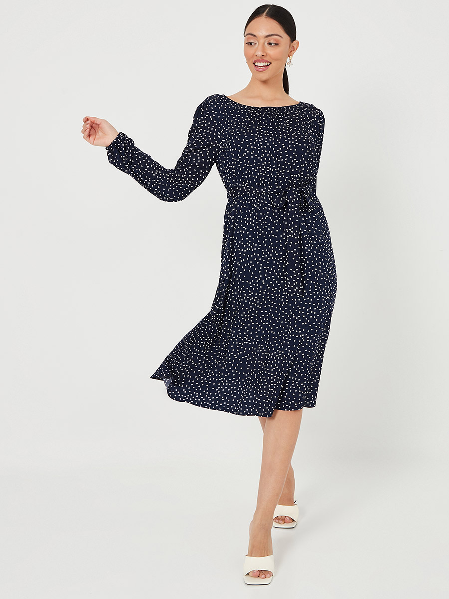Long Sleeves Polka Dot Boat Neck Woven 