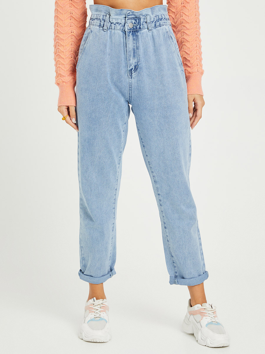 High Waist Paper Bag Waist Mom Jeans with Roll-Up Hem For Women at