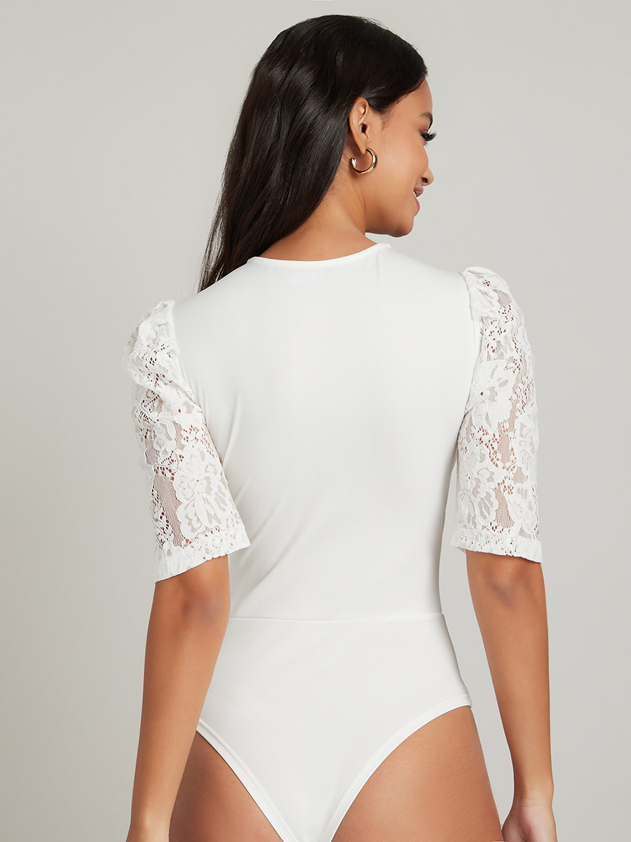 Tall Short Sleeve Eyelash Lace Bodysuit