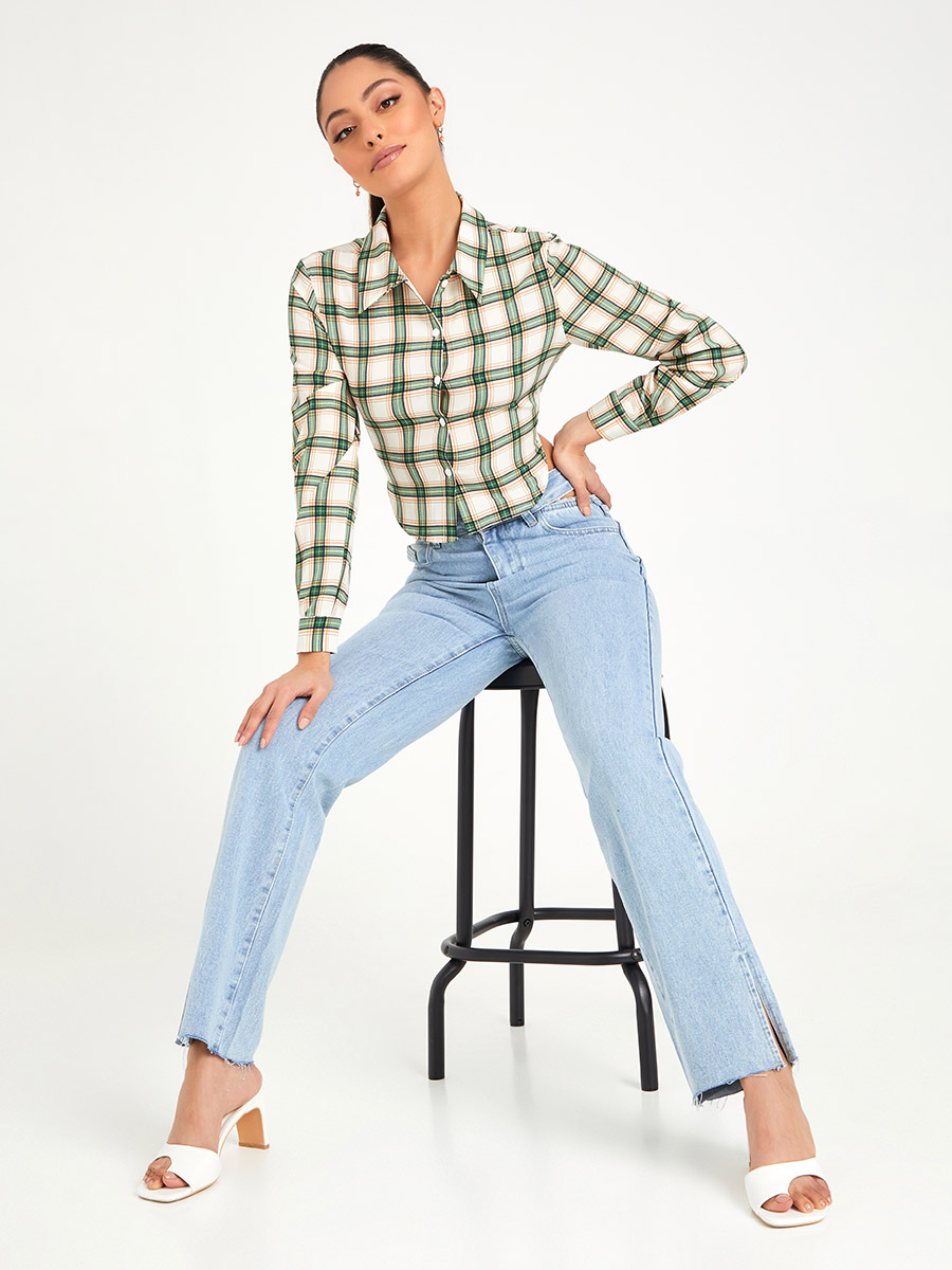 Long Sleeves Plaid Checked Shirt with Open Back Detail