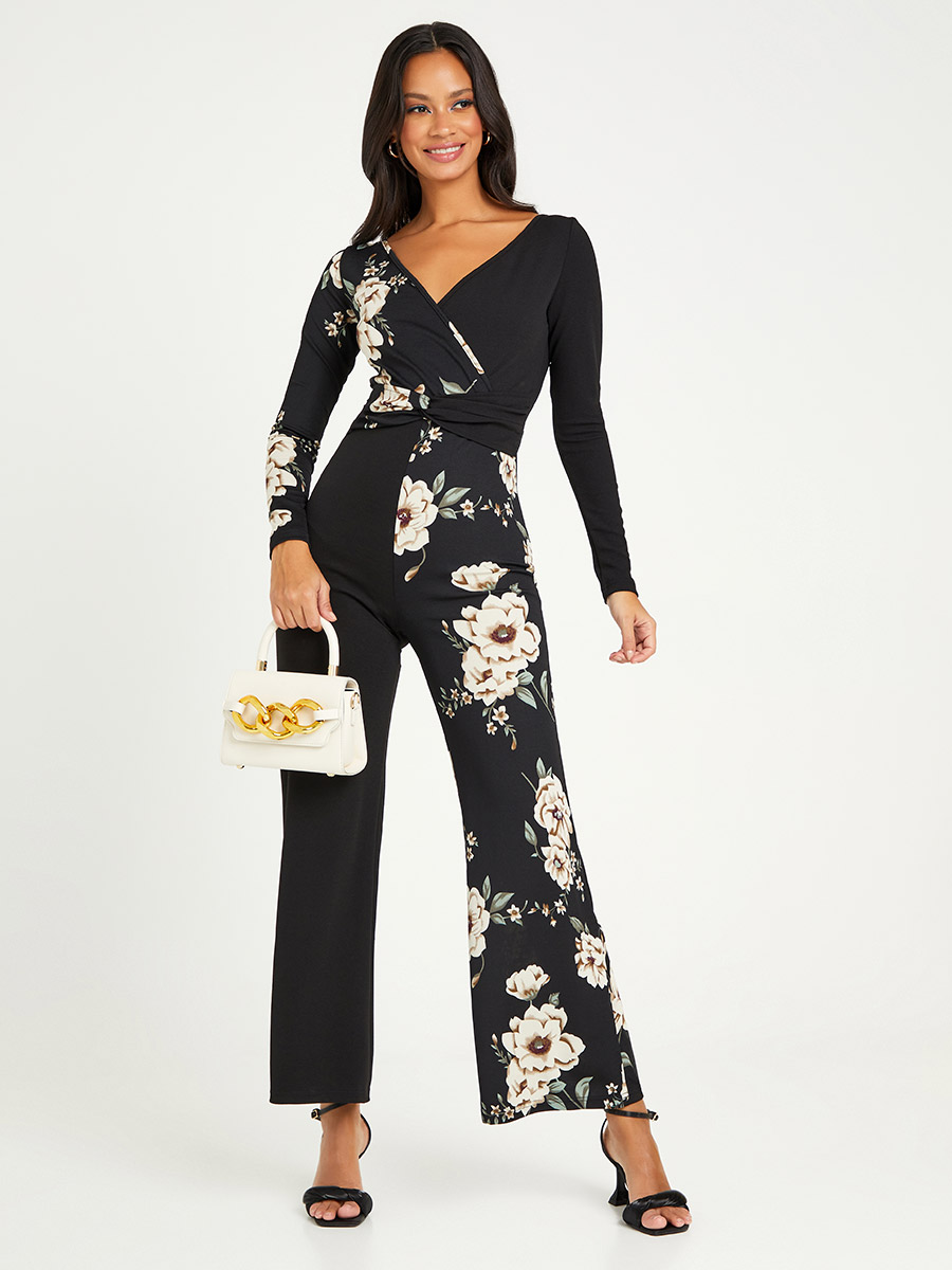 Long Sleeves Half Pattern Floral Print Wide Leg Jumpsuit For Women