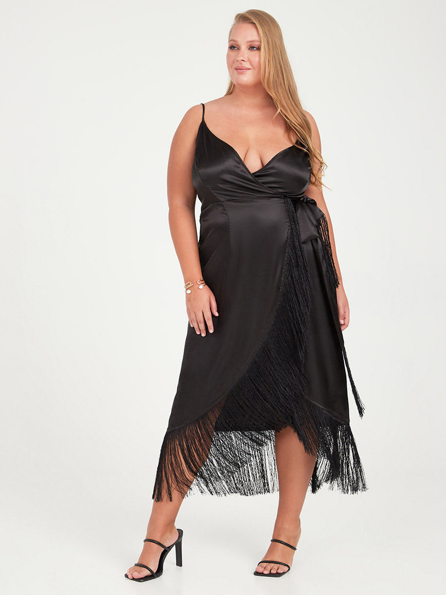 Fringe Trim Long Fringe Dress Plus Size ONTINVA Black Tassel