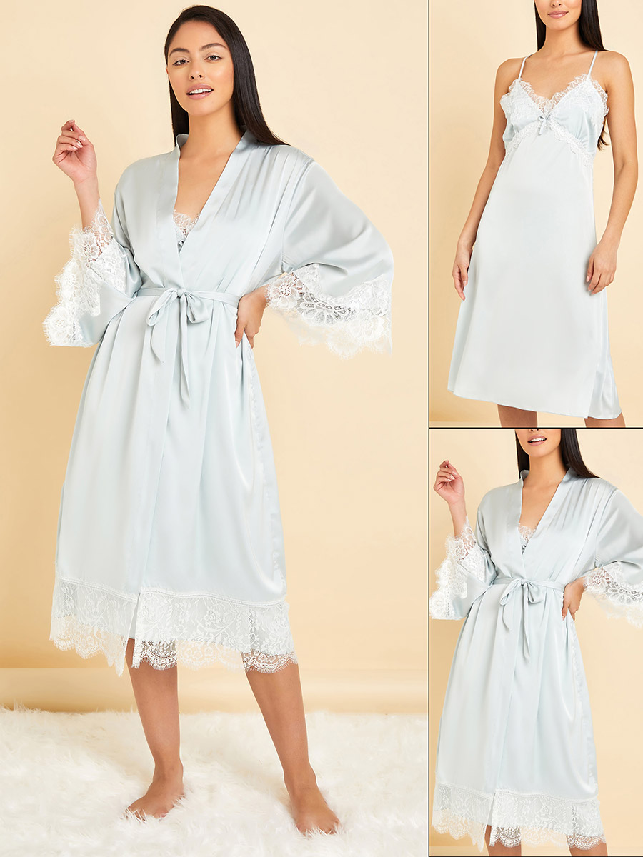 Buy Pack of Lace Trim Insert Satin Nightie and Robe Grey For