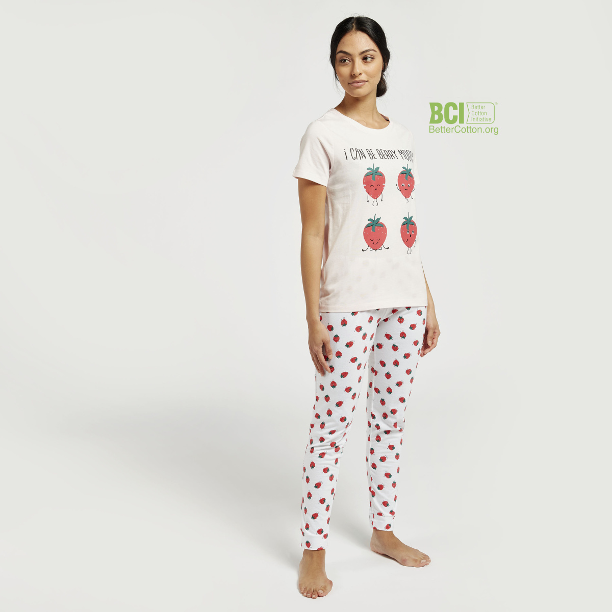 Buy Strawberry Print Round Neck T shirt and Full Length Pyjama Set Pink For Default Category Styli Saudi