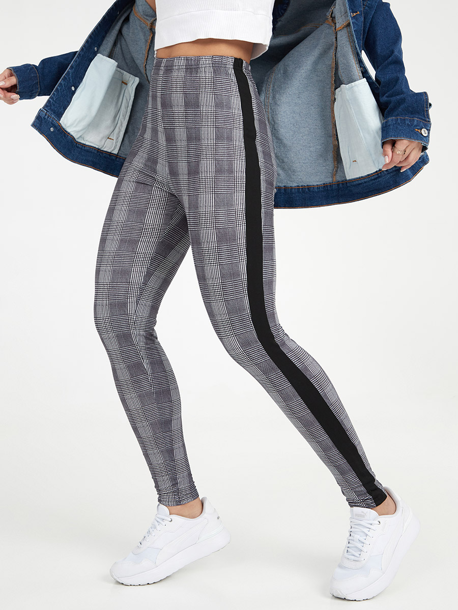 Grey Leggings With Stripes On The Side Grey Cotton Stretch Side