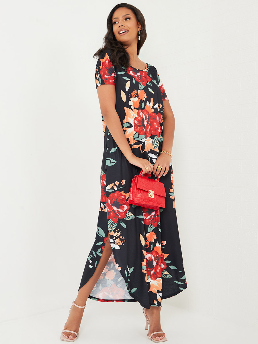 Short Sleeves Floral Print A-Line Maxi 