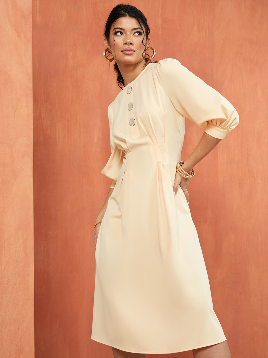 3/4 Sleeves Cinched Waist Detail A-Line 