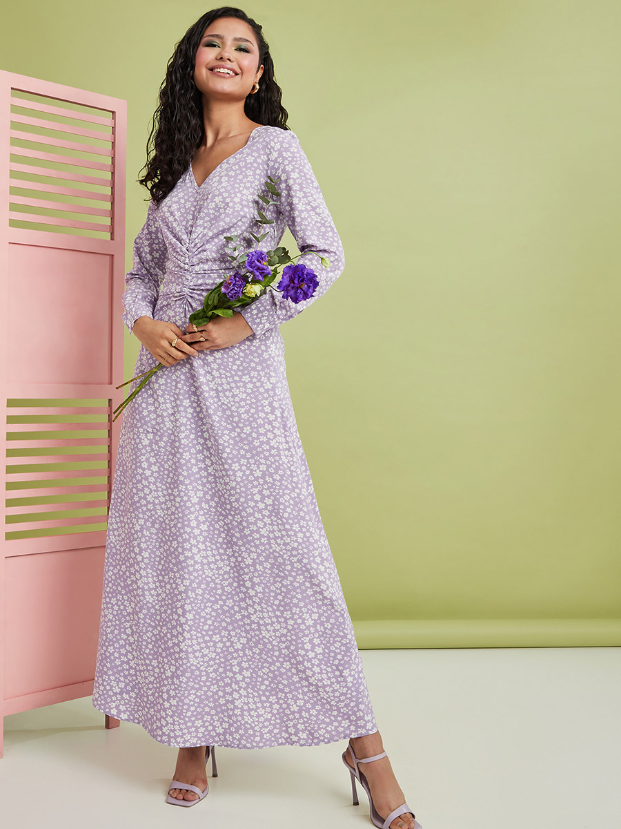 Purple Floral Long Sleeve Floral Wrap Maxi Dress Long Sleeve