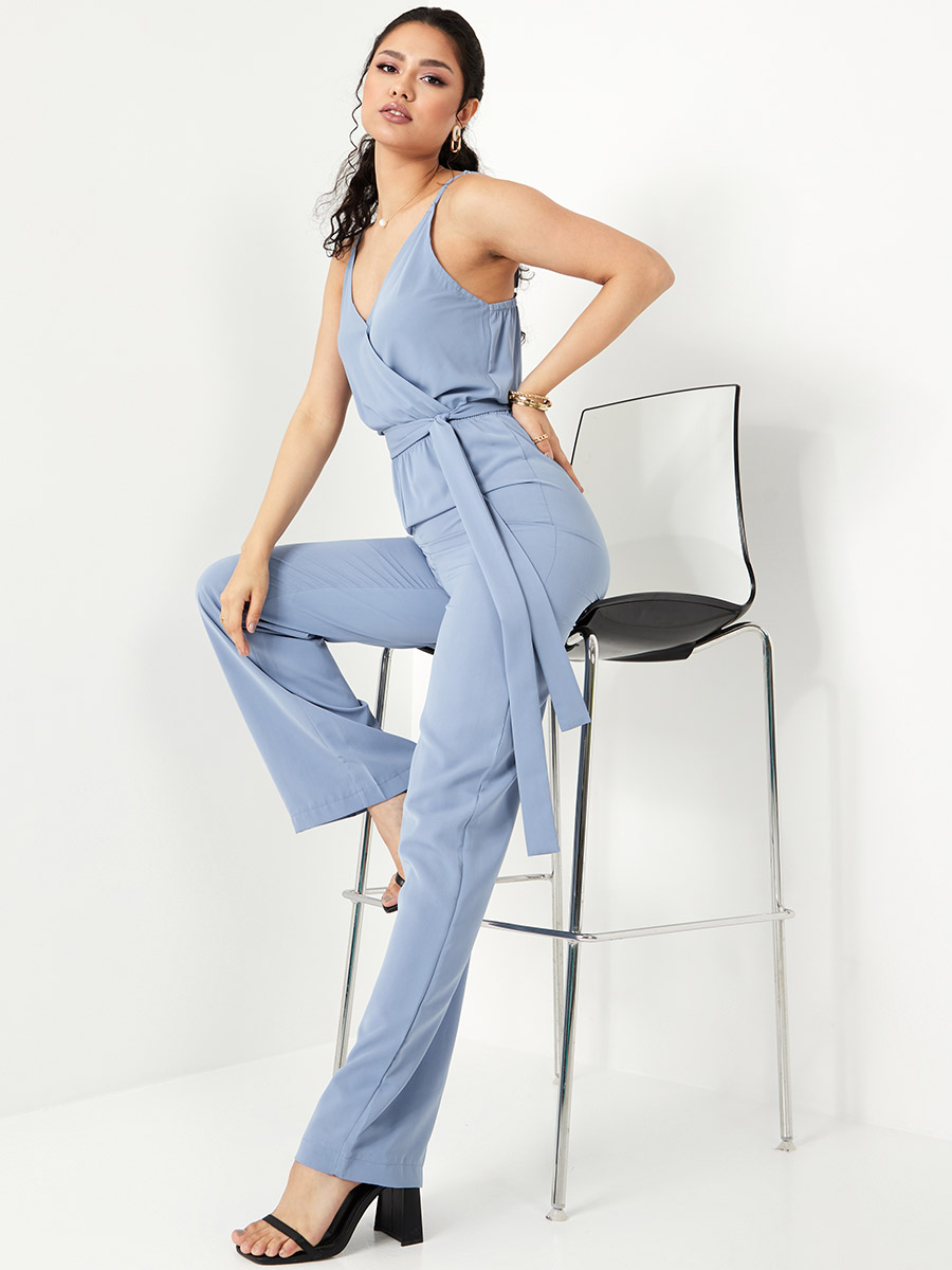 Wrap Front Strappy Wide Leg Jumpsuit with Tie Belt For Women at