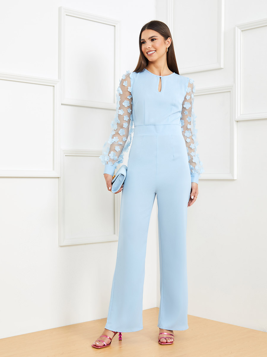 Long Sleeves Floral Applique Detail Wide Leg Jumpsuit For Women at